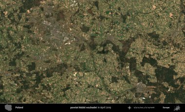 powiat lodzki wschodni. Nisan 2019 'da çekilen Kopernik Sentinel karolarından oluşan bir uydu görüntüsü üzerine Polonya' nın idari bölgesi