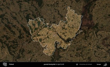 powiat lomzynski. Polonya 'nın idari alanı, Nisan 2018' de çekilen Kopernik Nöbetçi karolarından oluşan koyu renkli bir uydu görüntüsü üzerine vurgulandı ve özetlendi