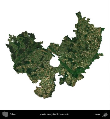 powiat lomzynski. Polonya idari bölgesi, Haziran 2018 'de çekilen Kopernik Nöbetçi karolarından oluşan bir uydu görüntüsü üzerinde beyaza izole edildi.