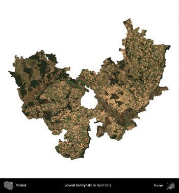 powiat lomzynski. Polonya idari bölgesi, Nisan 2019 'da çekilen Kopernik Nöbetçi karolarından oluşan bir uydu görüntüsü üzerinde beyaza izole edildi.