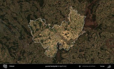 powiat lomzynski. Polonya 'nın idari alanı, Nisan 2019' da çekilen Kopernik Nöbetçi karolarından oluşan koyu renkli bir uydu görüntüsü üzerine vurgulandı ve özetlendi.