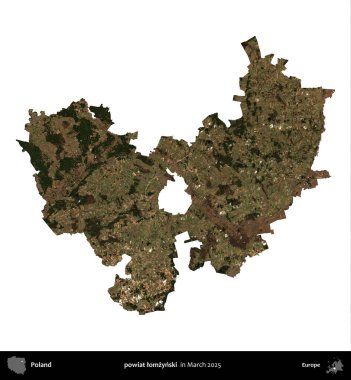 powiat lomzynski. Polonya idari bölgesi, Mart 2025 'te çekilen Kopernik Nöbetçi karolarından oluşan bir uydu görüntüsü üzerinde beyaza izole edildi.