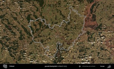 powiat lomzynski. Polonya 'nın idari bölgesinin ana hatları, Mart 2025' te çekilen Kopernik Nöbetçi karolarından oluşan bir uydu görüntüsü üzerine çizildi.