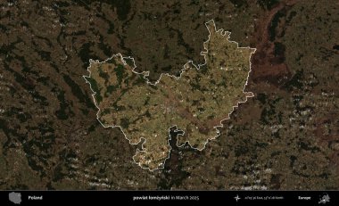 powiat lomzynski. Polonya 'nın idari alanı, Mart 2025' te çekilen Kopernik Nöbetçi karolarından oluşan koyu renkli bir uydu görüntüsü üzerine vurgulandı ve özetlendi