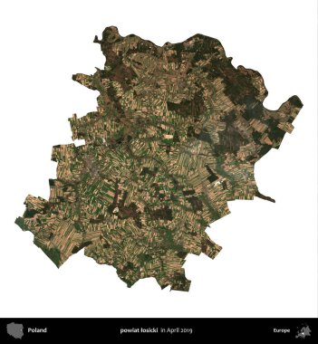 powiat losicki. Polonya idari bölgesi, Nisan 2019 'da çekilen Kopernik Nöbetçi karolarından oluşan bir uydu görüntüsü üzerinde beyaza izole edildi.