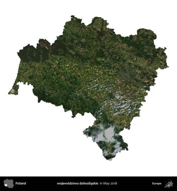 wojewodz2 dolnoslaskie. Polonya 'nın idari bölgesi, Mayıs 2018' de çekilen Kopernik Nöbetçi Fayanslarından oluşan bir uydu görüntüsü üzerinde beyaza izole edildi.