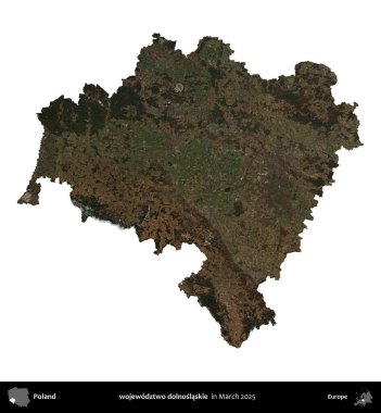 wojewodz2 dolnoslaskie. Polonya idari bölgesi, Mart 2025 'te çekilen Kopernik Nöbetçi karolarından oluşan bir uydu görüntüsü üzerinde beyaza izole edildi.