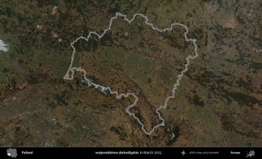 wojewodz2 dolnoslaskie. Polonya 'nın idari bölgesinin ana hatları, Mart 2025' te çekilen Kopernik Nöbetçi karolarından oluşan bir uydu görüntüsü üzerine çizildi.