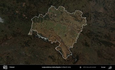 wojewodz2 dolnoslaskie. Polonya 'nın idari alanı, Mart 2025' te çekilen Kopernik Nöbetçi karolarından oluşan koyu renkli bir uydu görüntüsü üzerine vurgulandı ve özetlendi