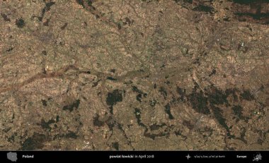 powiat lowicki. Nisan 2018 'de çekilen Kopernik Sentinel karolarından oluşan bir uydu görüntüsü üzerine Polonya' nın idari bölgesi