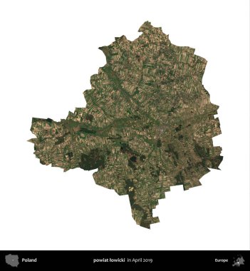 powiat lowicki. Polonya idari bölgesi, Nisan 2019 'da çekilen Kopernik Nöbetçi karolarından oluşan bir uydu görüntüsü üzerinde beyaza izole edildi.