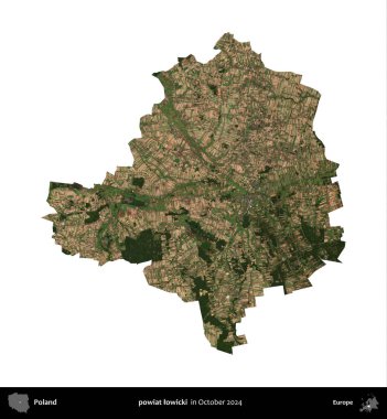 powiat lowicki. Polonya idari bölgesi, Ekim 2024 'te çekilen Kopernik Nöbetçi karolarından oluşan bir uydu görüntüsü üzerinde beyaza izole edildi.