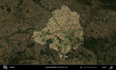 powiat lowicki. Polonya 'nın idari alanı, Ekim 2024' te çekilen Kopernik Nöbetçi karolarından oluşan koyu renkli bir uydu görüntüsü üzerine vurgulandı ve özetlendi
