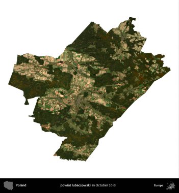powiat lubaczowski. Polonya idari bölgesi, Ekim 2018 'de çekilen Kopernik Nöbetçi karolarından oluşan bir uydu görüntüsü üzerinde beyaza izole edildi.