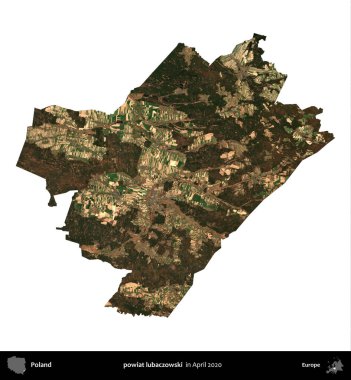 powiat lubaczowski. Polonya idari bölgesi, Nisan 2020 'de çekilen Kopernik Nöbetçi karolarından oluşan bir uydu görüntüsü üzerinde beyaza izole edildi.