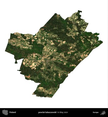 powiat lubaczowski. Polonya idari bölgesi, Mayıs 2021 'de çekilen Kopernik Nöbetçi Karolarından oluşan bir uydu görüntüsü üzerinde beyaza izole edildi.
