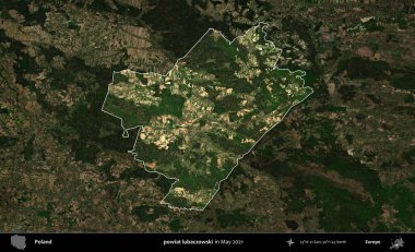 powiat lubaczowski. Polonya 'nın idari alanı, Mayıs 2021' de çekilen Kopernik Nöbetçi karolarından oluşan koyu renkli bir uydu görüntüsüyle vurgulandı ve özetlendi