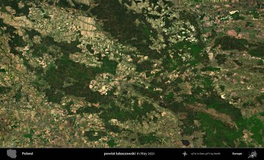 powiat lubaczowski. Copernicus Sentinel 'in Mayıs 2021' de çekilmiş uydu görüntüsü üzerine Polonya 'nın idari bölgesi.