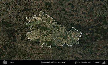 powiat lubartowski. Polonya 'nın idari alanı, Ekim 2024' te çekilen Kopernik Nöbetçi karolarından oluşan koyu renkli bir uydu görüntüsü üzerine vurgulandı ve özetlendi
