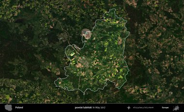 powiat lubinski. Polonya 'nın idari alanı, Mayıs 2017' de çekilen Kopernik Nöbetçi karolarından oluşan koyu renkli bir uydu görüntüsü üzerinde vurgulandı ve özetlendi.