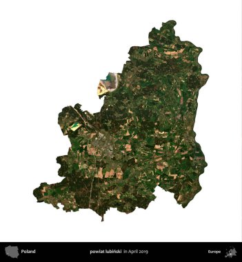 powiat lubinski. Polonya idari bölgesi, Nisan 2019 'da çekilen Kopernik Nöbetçi karolarından oluşan bir uydu görüntüsü üzerinde beyaza izole edildi.