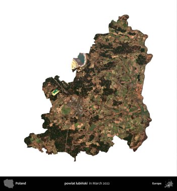 powiat lubinski. Polonya idari bölgesi, Mart 2022 'de çekilen Kopernik Nöbetçi karolarından oluşan bir uydu görüntüsü üzerinde beyaza izole edildi.