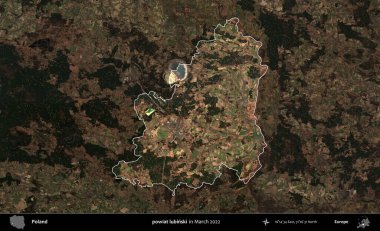 powiat lubinski. Polonya 'nın idari alanı, Mart 2022' de çekilen Kopernik Nöbetçi karolarından oluşan koyu renkli bir uydu görüntüsü üzerine vurgulandı ve özetlendi.