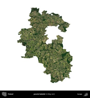 powiat lubelski. Polonya idari bölgesi, Mayıs 2017 'de çekilen Kopernik Nöbetçi karolarından oluşan bir uydu görüntüsü üzerinde beyaza izole edildi.