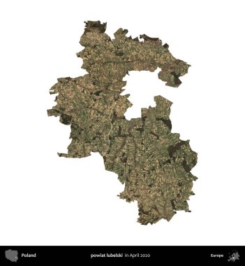 powiat lubelski. Polonya idari bölgesi, Nisan 2020 'de çekilen Kopernik Nöbetçi karolarından oluşan bir uydu görüntüsü üzerinde beyaza izole edildi.