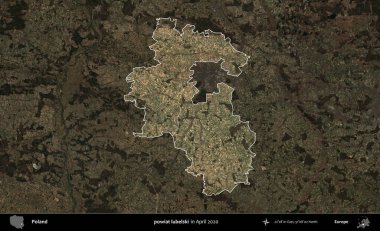 powiat lubelski. Polonya 'nın idari alanı, Nisan 2020' de çekilen Kopernik Nöbetçi karolarından oluşan koyu renkli bir uydu görüntüsü üzerine vurgulandı ve özetlendi