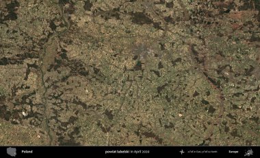 powiat lubelski. Nisan 2020 'de Copernicus Sentinel karolarından oluşan bir uydu görüntüsü üzerine Polonya' nın idari bölgesi