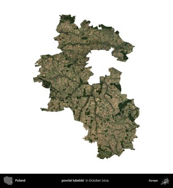 powiat lubelski. Polonya idari bölgesi, Ekim 2024 'te çekilen Kopernik Nöbetçi karolarından oluşan bir uydu görüntüsü üzerinde beyaza izole edildi.