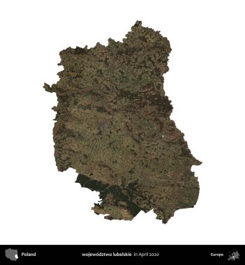 Wojewodzone iki lubelskie. Polonya idari bölgesi, Nisan 2020 'de çekilen Kopernik Nöbetçi karolarından oluşan bir uydu görüntüsü üzerinde beyaza izole edildi.