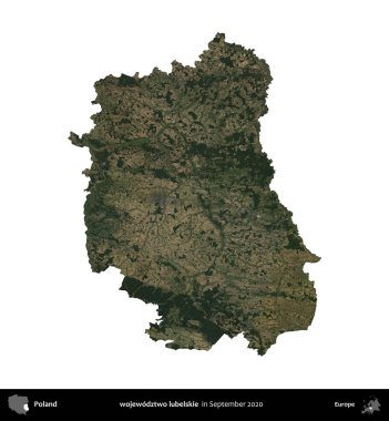 Wojewodzone iki lubelskie. Polonya idari bölgesi, Eylül 2020 'de çekilen Kopernik Nöbetçi karolarından oluşan bir uydu görüntüsü üzerinde beyaza izole edildi.