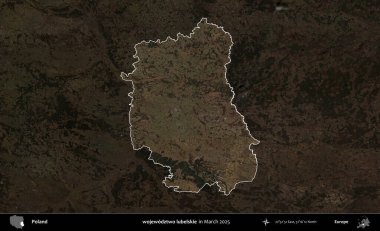 Wojewodzone iki lubelskie. Polonya 'nın idari alanı, Mart 2025' te çekilen Kopernik Nöbetçi karolarından oluşan koyu renkli bir uydu görüntüsü üzerine vurgulandı ve özetlendi