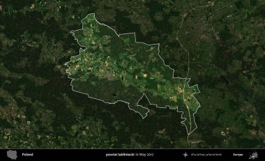 powiat lubliniecki. Polonya 'nın idari alanı, Mayıs 2017' de çekilen Kopernik Nöbetçi karolarından oluşan koyu renkli bir uydu görüntüsü üzerinde vurgulandı ve özetlendi.