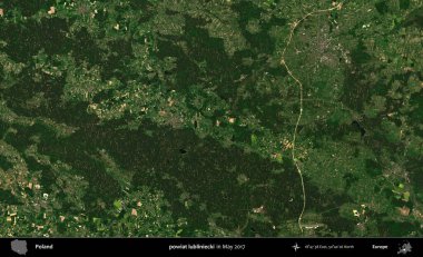 powiat lubliniecki. Copernicus Sentinel 'in Mayıs 2017' de çekilmiş uydu görüntüsü üzerine Polonya 'nın idari bölgesi.