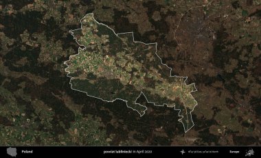 powiat lubliniecki. Polonya 'nın idari alanı, Nisan 2020' de çekilen Kopernik Nöbetçi karolarından oluşan koyu renkli bir uydu görüntüsü üzerine vurgulandı ve özetlendi