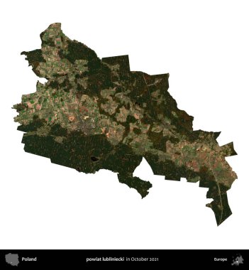 powiat lubliniecki. Polonya idari bölgesi, Ekim 2021 'de çekilen Kopernik Nöbetçi karolarından oluşan bir uydu görüntüsü üzerinde beyaza izole edildi.