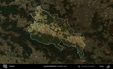 powiat lubliniecki. Polonya 'nın idari alanı, Ekim 2021' de çekilen Kopernik Nöbetçi karolarından oluşan koyu renkli bir uydu görüntüsü üzerine vurgulandı ve özetlendi