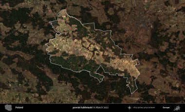 powiat lubliniecki. Polonya 'nın idari alanı, Mart 2022' de çekilen Kopernik Nöbetçi karolarından oluşan koyu renkli bir uydu görüntüsü üzerine vurgulandı ve özetlendi.