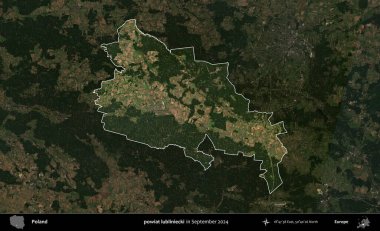powiat lubliniecki. Polonya 'nın idari alanı, Eylül 2024' te çekilen Kopernik Nöbetçi karolarından oluşan koyu renkli bir uydu görüntüsü üzerine vurgulandı ve özetlendi
