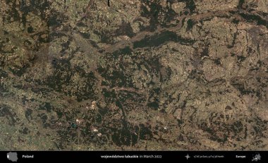 Wojewodzz iki lubuskie. Copernicus Sentinel 'in Mart 2022' de çekilmiş uydu görüntüsü üzerine Polonya 'nın idari bölgesi.
