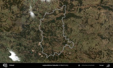 Wojewodzz iki lubuskie. Polonya 'nın idari bölgesinin ana hatları, Mart 2025' te çekilen Kopernik Nöbetçi karolarından oluşan bir uydu görüntüsü üzerine çizildi.
