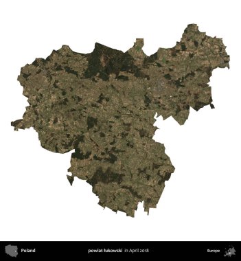 powiat lukowski. Polonya idari bölgesi, Nisan 2018 'de çekilen Kopernik Nöbetçi karolarından oluşan bir uydu görüntüsü üzerinde beyaza izole edildi.