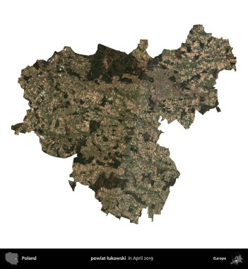 powiat lukowski. Polonya idari bölgesi, Nisan 2019 'da çekilen Kopernik Nöbetçi karolarından oluşan bir uydu görüntüsü üzerinde beyaza izole edildi.