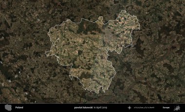 powiat lukowski. Polonya 'nın idari alanı, Nisan 2019' da çekilen Kopernik Nöbetçi karolarından oluşan koyu renkli bir uydu görüntüsü üzerine vurgulandı ve özetlendi.