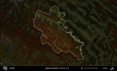 gmina Lutowiska. Polonya 'nın idari alanı, Ekim 2018' de çekilen Kopernik Nöbetçi karolarından oluşan koyu renkli bir uydu görüntüsü üzerine vurgulandı ve özetlendi