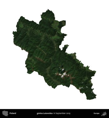 gmina Lutowiska. Polonya idari bölgesi, Eylül 2019 'da çekilen Kopernik Nöbetçi karolarından oluşan bir uydu görüntüsü üzerinde beyaza izole edildi.