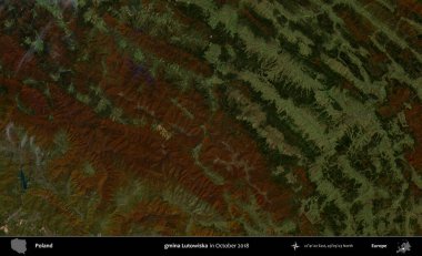 gmina Lutowiska. Polonya 'nın idari bölgesi, Ekim 2018' de çekilen Kopernik Sentinel karolarından oluşan bir uydu görüntüsü üzerine kurulmuştur.